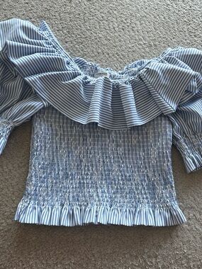 Habitual Blue & White Striped Off-Shoulder Smocked Crop Top